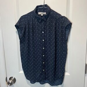 LOFT‎ Navy White Dot Dash Print Short Sleeve Collared Button Up Shirt Top XS